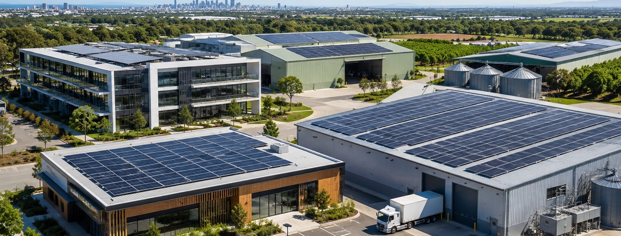 Aerial view of diverse commercial properties with solar panel installations across Australian industries