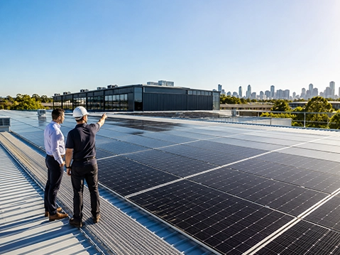 Solar Roots installer working on a commercial rooftop solar system